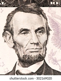 Abe Lincoln Portrait On A 5 US Dollars Banknote Made In 2013.