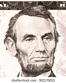 Abe Lincoln Portrait On A 5 US Dollars Banknote Made In 2013.