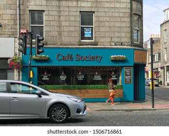 Aberdeen, Scotland, UK - September 16, 2019 : The Front Of Café Society In Union Street, Aberdeen. A Local Café Serving Sandwiches, Coffee And Home Made Treats.