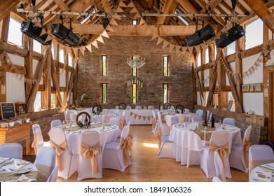 Abergavenny Monmouthshire Wales United Kingdom August 24 2019, Wedding Breakfast Venue After The Church Ceremony Set In A  Dutch Barn On A Farm Set In The Countryside