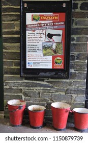 Abergynolwyn, Wales, U.K., May 21, 2018. Murder Mystery Train Advertisement At Abergynolwyn Railway Station