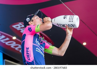 ABETONE, ITALY - MAY 13, 2015: Jan Polanc, Team Lampre Merida, On The Podium After Winning The 5th Stage Of 