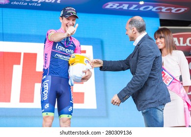 ABETONE, ITALY - MAY 13, 2015: Jan Polanc, Team Lampre Merida, On The Podium After Winning The 5th Stage Of 