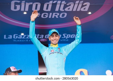 Abetone, Italy - May 13, 2015: Fabio Aru (Astana Pro Team)  Celebrates On The Podium Of 5th Stage Of 