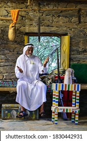 Abha, Saudi Arabia – August 1st 2020: An Old Arabic Man From Saudi Arabia Wears Traditional Clothes And Hold His Old Weapon.