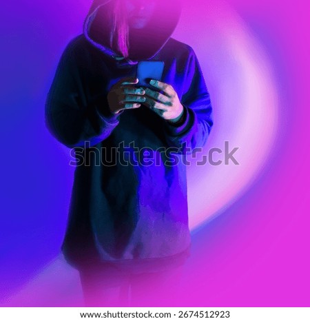 Ability to securely store data on a mobile device. Mystery man with mobile phone on vibrant neon light background.