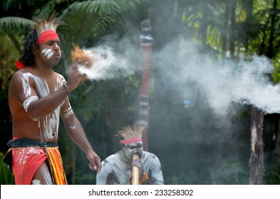 Aboriginal Man Demonstrating Fire Making Craft On Aboriginal Culture Show In Queensland, Australia.