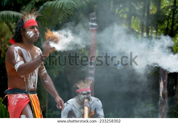 Aboriginal man demonstrating fire
making craft on Aboriginal culture show in Queensland,
Australia.