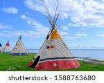 Aboriginal teepees of North American indigenous people in Gesgapegiag city, Quebec, Canada.