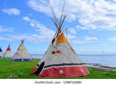 Aboriginal Teepees Of North American Indigenous People In Gesgapegiag City, Quebec, Canada.