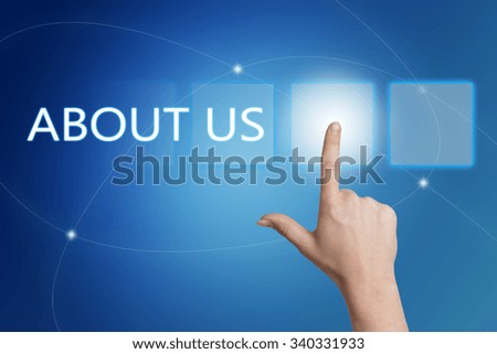 About us - hand pressing button on interface with blue background.