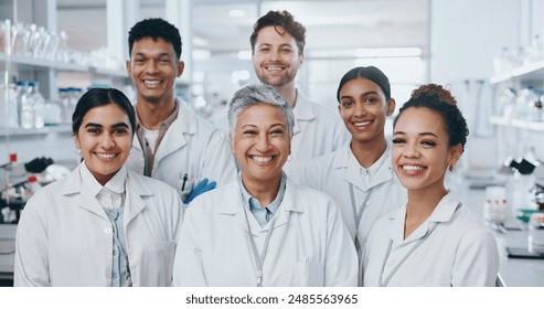 About us, people and happy as scientist in lab for medical research on internship program. Female leader, interns and portrait for healthcare or science study on teamwork and collaboration as experts - Powered by Shutterstock