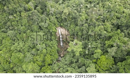 From above, the aerial view reveals an enchanting waterfall framed by the lush greenery of a tropical rainforest, a captivating scene that invites exploration and appreciation of nature's beauty.