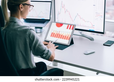 From above back view of confident female in formal wear working with trading cryptocurrency bitcoin statistics on computer and tablet - Powered by Shutterstock