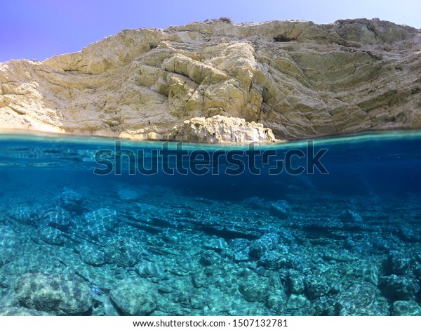 Above Below Underwater Photo Crystal Clear Nature Stock Image