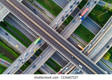 Above City transport junction road aerial view with car movement, Transport industry