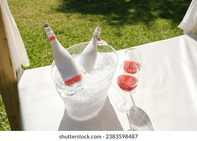 From above composition with wineglasses filled with rose wine placed near cooler with bottles and ice on canopy bed located on green grassy meadow during romantic occasion in summer nature