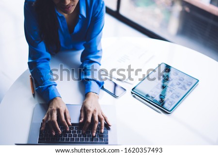 Similar – Image, Stock Photo From above of anonymous skier skiing on snowy slope on winter day on resort at Swiss Alps