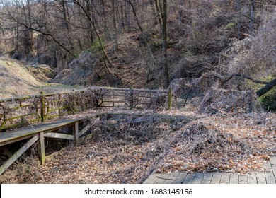 Above Ground Swimming Pool Deck, Sans Pool, Overgrown With Dry Weeds And Grass,