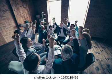 Above High Angle View Of Nice Stylish Cheerful Glad Positive Sharks Marketers Company Ceo Boss Chief Executive Directors Raising Hands Up Motivation Day At Industrial Loft Interior Work Place Space