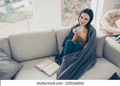 Above high angle view portrait of attractive fascinating charming straight-haired girl wrapped in soft veil cover blanket in jeans denim sitting on divan with book poems stories in light interior room