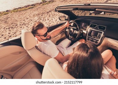 Above High Angle View Portrait Of Attractive Cheerful Couple Riding Car Rest Using Rental Service Visit Plage Outdoors