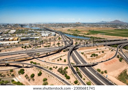 Above the Loop 101-202 Interchange looking northwest from Mesa to Tempe and Phoenix, Arizona 