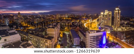 From above night view of Odessa city burning with lights in night time, Ukraine. 