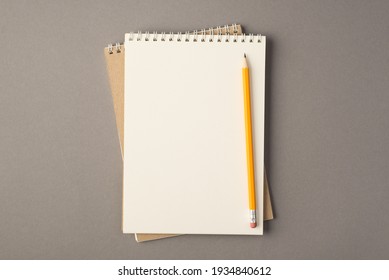 Above photo of two empty notebooks and yellow pencil isolated on the grey background