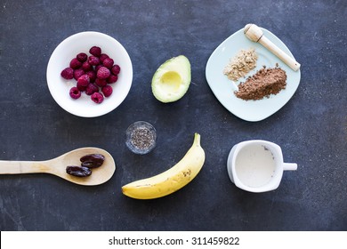 Above shot of the ingredients for an acai bowl or smoothie