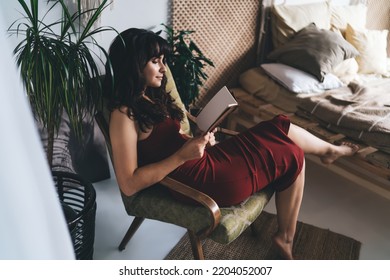 From Above Side View Of Young Female In Red Dress Reading Book While Sitting Alone On Comfortable Chair In Cozy Bedroom