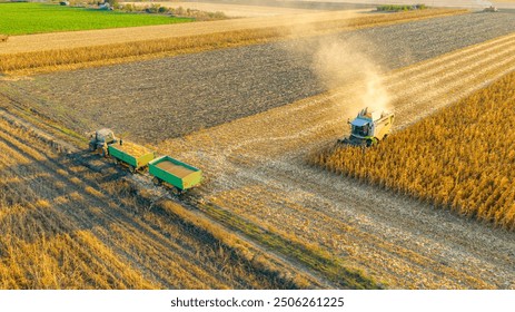 Above view at agricultural harvester is cutting and harvesting mature corn on farm fields, cornfield. Tractor with two trailers is ready for transshipment. Cultivated plots in harvest season - Powered by Shutterstock