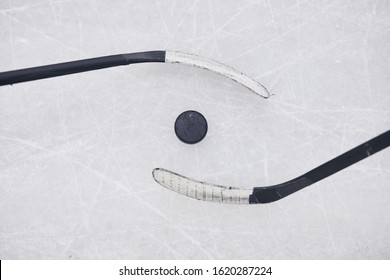 Above View Background Of Two Hockey Clubs Ready To Start Match On Skating Rink, Copy Space