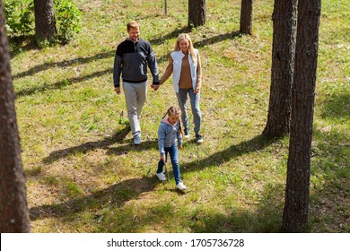 From above view of happy family of three walking in woodland together. Mother and father holding hands while little daughter playing with stick in nature