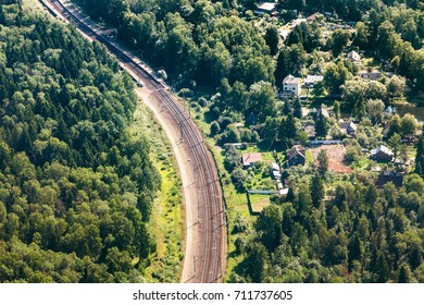 above view of railroad in Moscow Region near Troitsky settlement in Istrinsky district in summer day