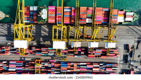 Above view  the ship with Import- Export system and shipping industry which  the business of habor transport of Container Cargo ship  background