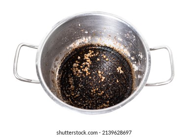 Above View Of Stewpan With Burnt Food Isolated On White Background