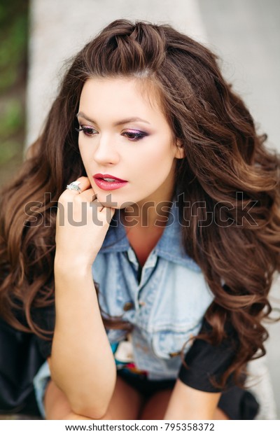 Above View Stylish Beautiful Hipster Brunette Stock Photo Edit