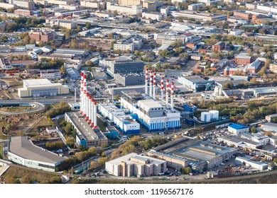 Above View Of Thermal Power Plant In Moscow City From Observation Deck At The Top Of Tower In Autumn