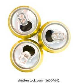 Above View Of Three Beer Cans Isolated On White Background