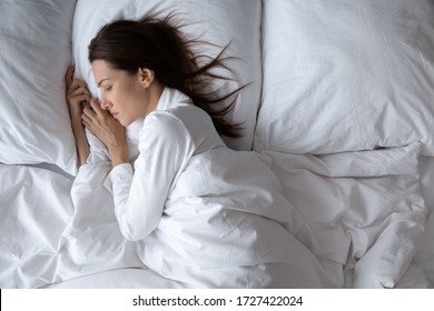 Above View Upset Worried Lonely Woman Lying In Bed Alone Suffers From Insomnia Sleep Disorder, Break Up Divorce Personal Problems Loneliness, Stressed Depressed Difficult Hard Period Of Life Concept