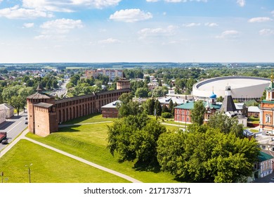 above view of wall and Tower of Kolomna Kremlin and Uspenskiy Brusenskiy Monastery in Old Kolomna city on summer day from bell tower Church of St John the Evangelist - Shutterstock ID 2171733771