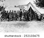 Abraham Lincoln at Antietam, (l-r) Col. Alexander S. Webb, Gen. George B. McClellan, Scout Adams, Dr. Jonathan Letterman, OCtober 3, 1862.