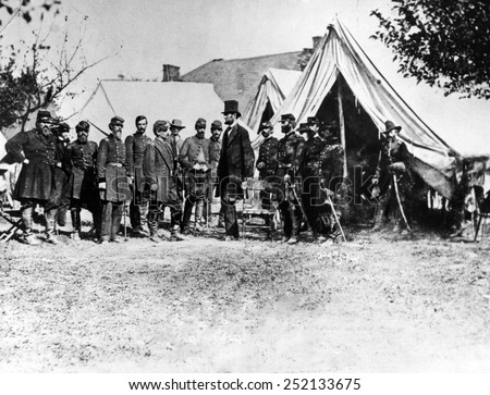 Abraham Lincoln at Antietam, (l-r) Col. Alexander S. Webb, Gen. George B. McClellan, Scout Adams, Dr. Jonathan Letterman, OCtober 3, 1862.