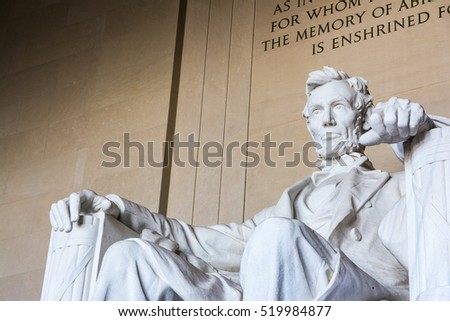 Abraham Lincoln Memorial Sitting Chair famous Landmark Closeup Phrase Washington DC Monument