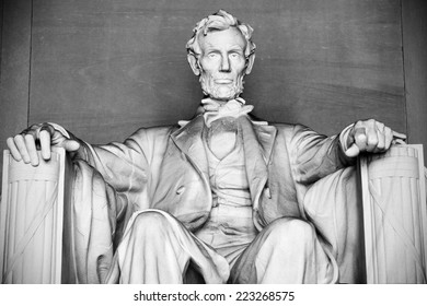 Abraham Lincoln Statue At Lincoln Memorial - Washington DC, United States. Black And White Photo.