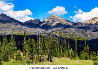 Absaroka Mountain Range while Driving over Togwotee Pass in Western Wyoming in the Summer.