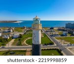 Absecon Lighthouse aerial view at the mouth of Absecon Inlet in the north end of Atlantic City, New Jersey NJ, USA. The light house was built in 1856 and is the tallest Lighthouse in New Jersey. 