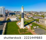 Absecon Lighthouse aerial view at the mouth of Absecon Inlet in the north end of Atlantic City, New Jersey NJ, USA. The light house was built in 1856 and is the tallest Lighthouse in New Jersey. 