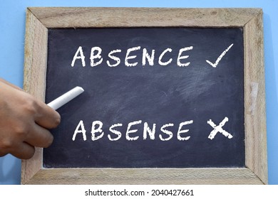 Absence or Absense. Example of common spelling mistakes in English word. Educational concept.